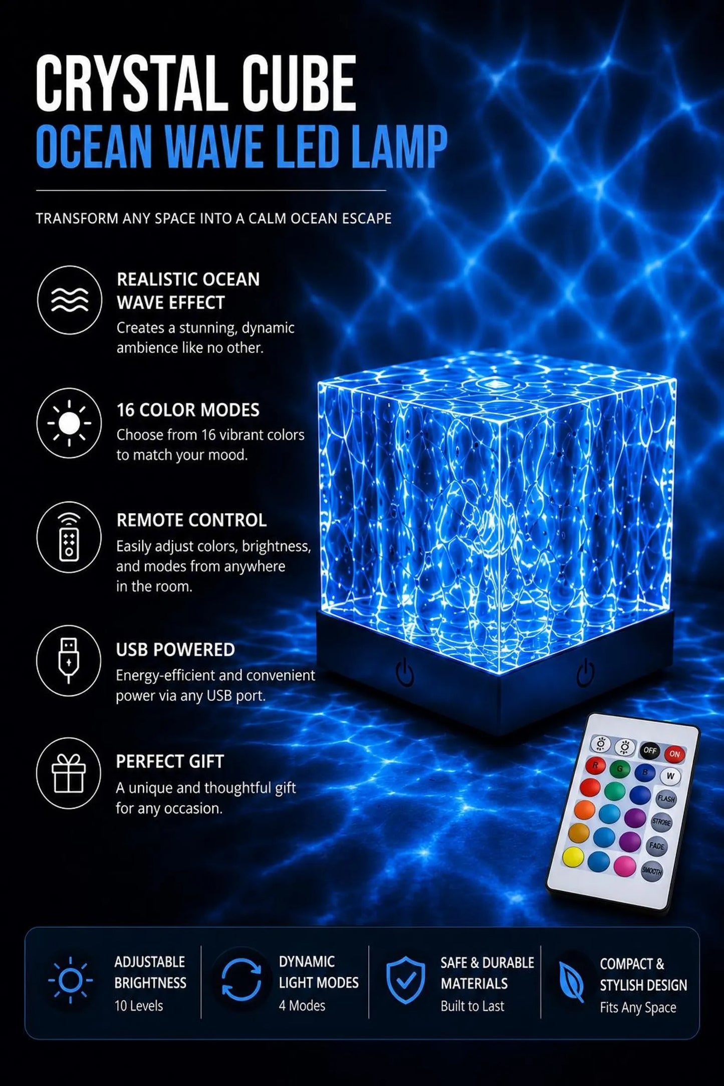 Water Wave Projector Lamp Crystal LED Night Light