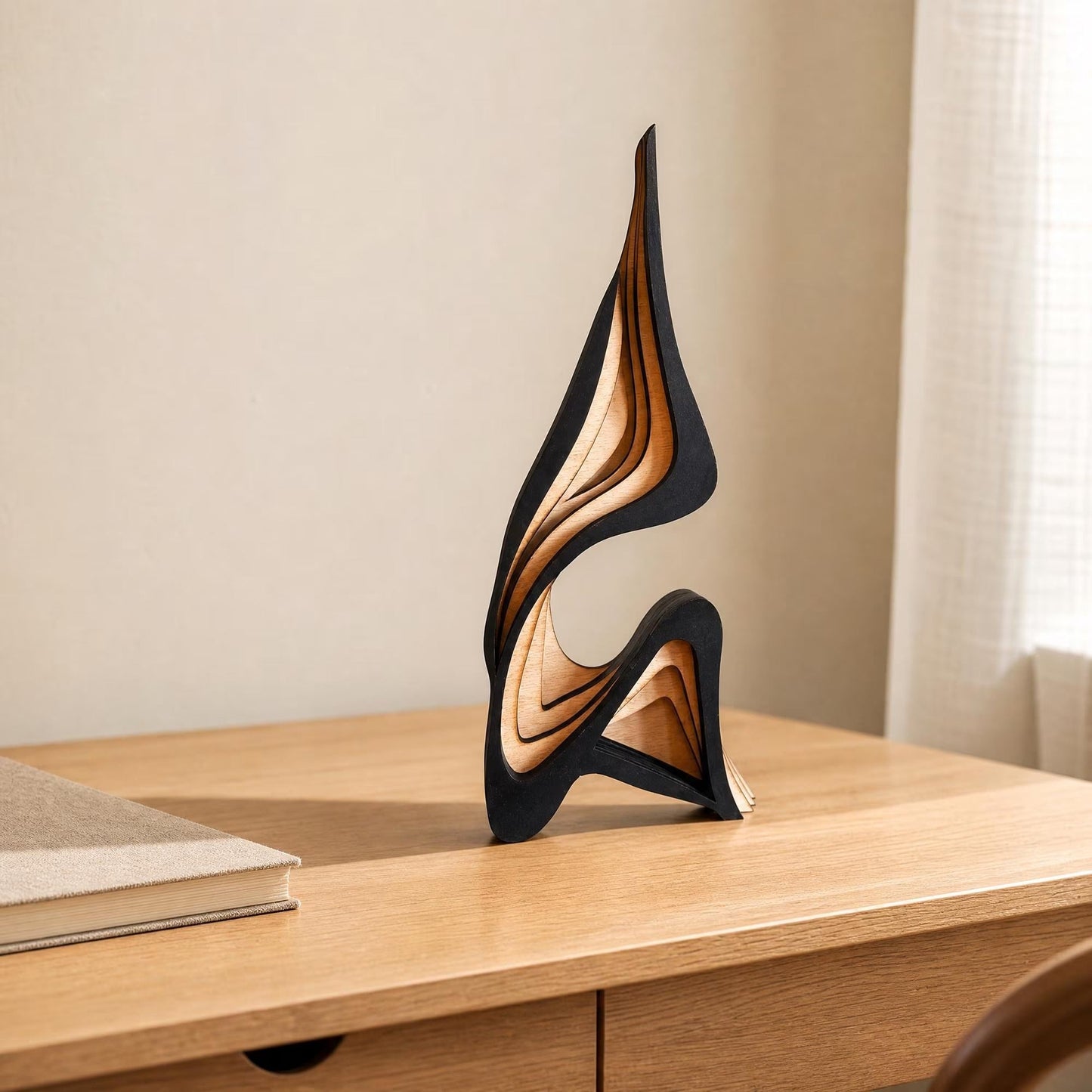 Abstract Wood Sculpture Layered Minimalist Statue for Shelf, Living Room Decor