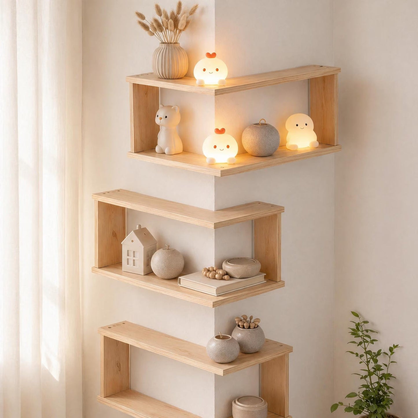 Corner Floating Wood Shelf – Wall Mounted Display Rack for Plants