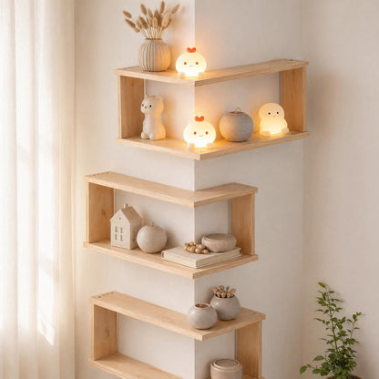 Corner Floating Wood Shelf – Wall Mounted Display Rack for Plants