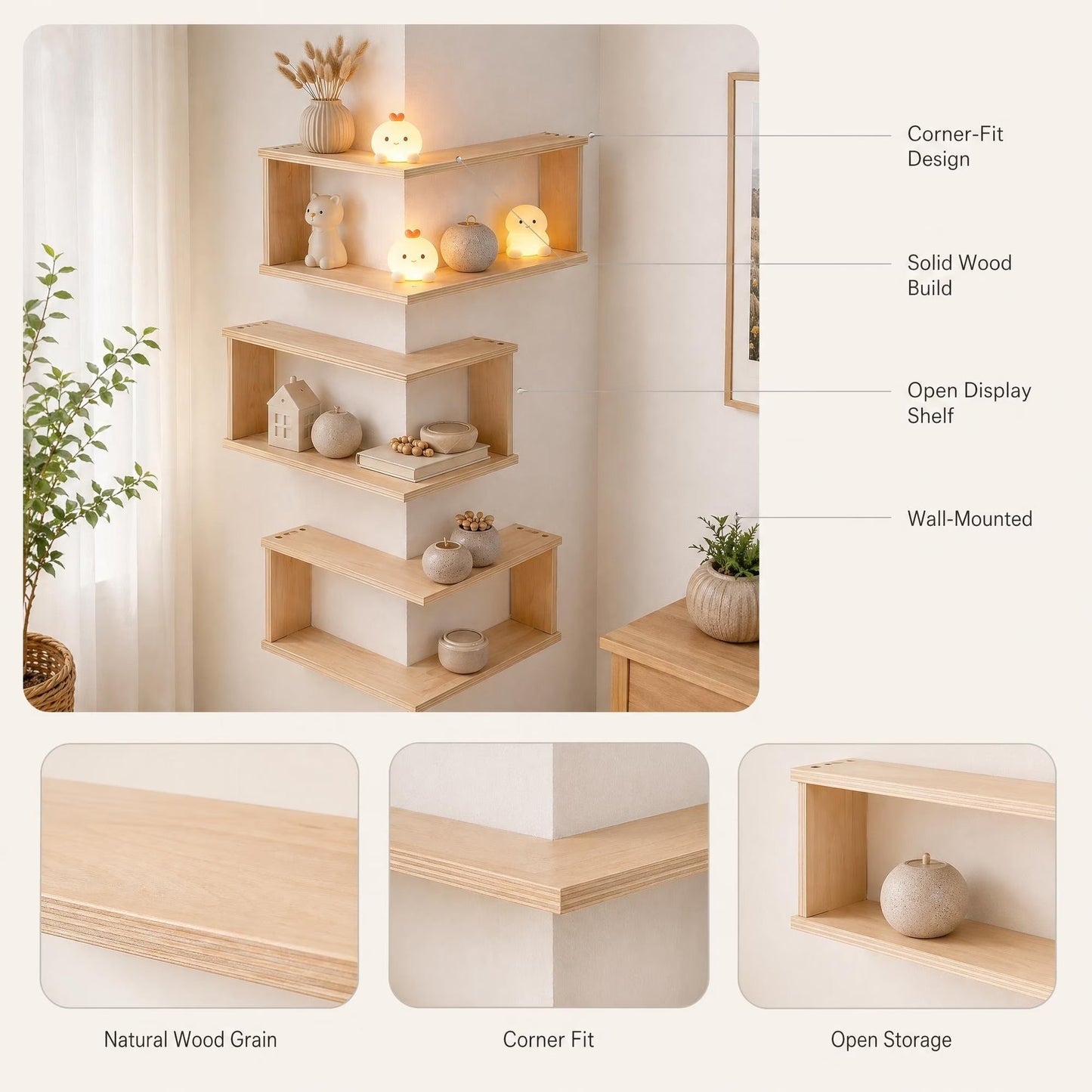 Corner Floating Wood Shelf – Wall Mounted Display Rack for Plants