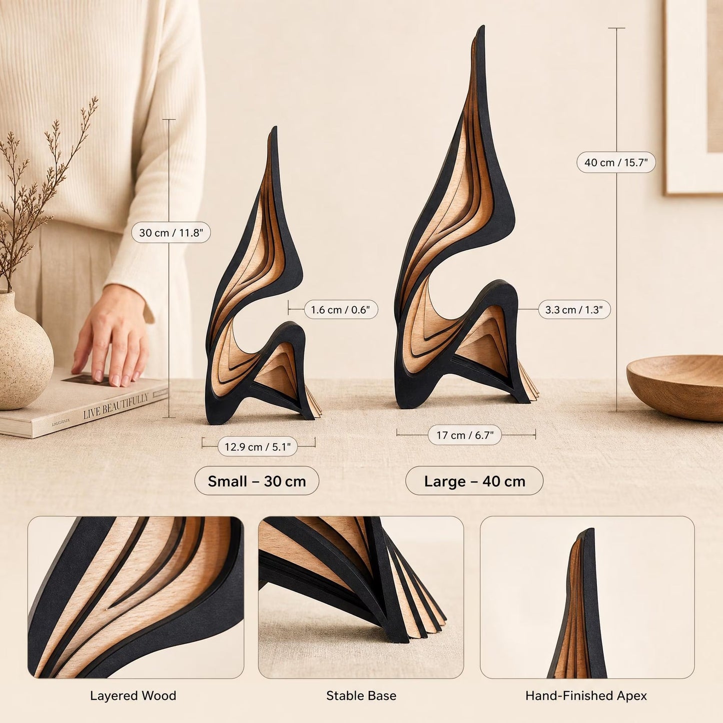 Abstract Wood Sculpture Layered Minimalist Statue for Shelf, Living Room Decor