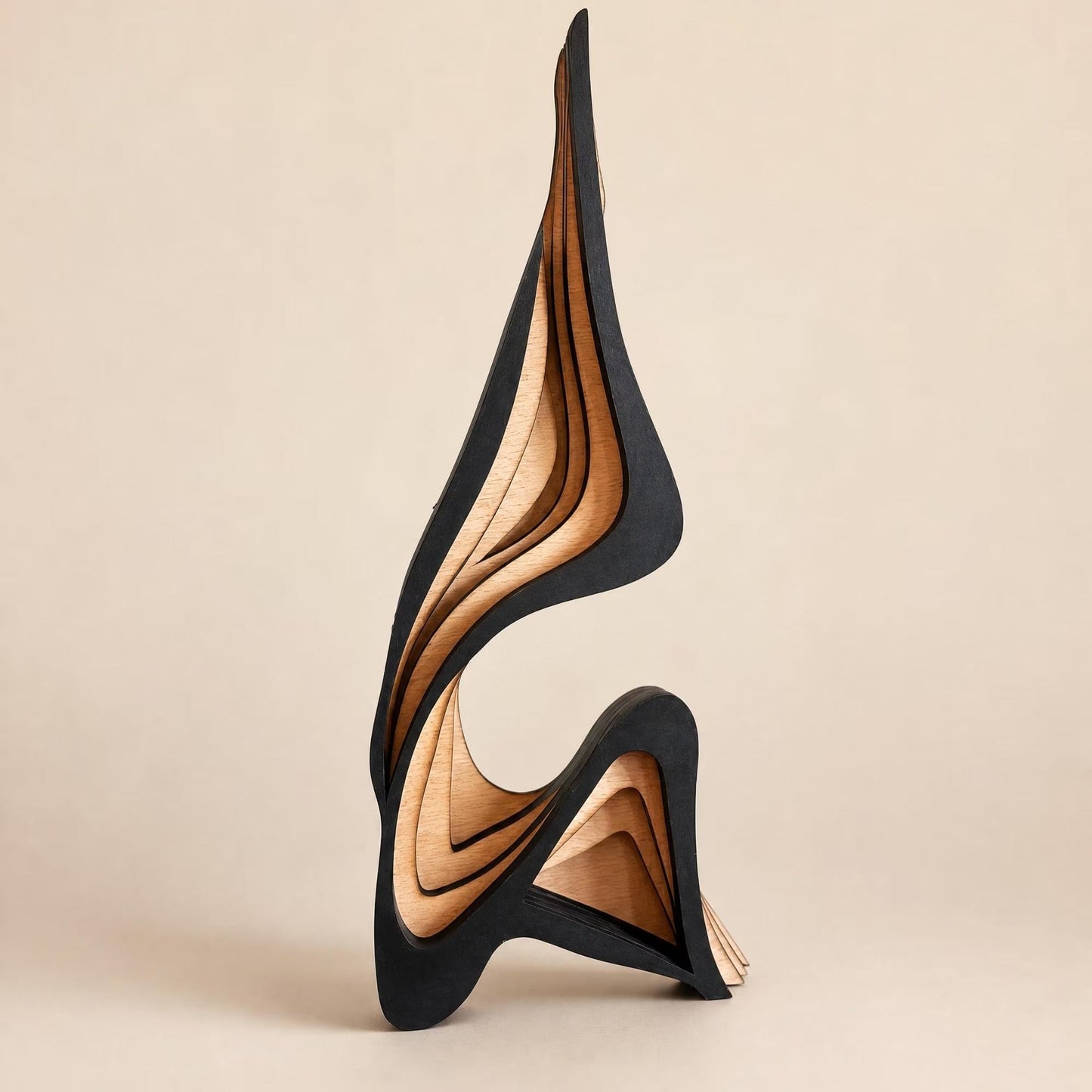 Abstract Wood Sculpture Layered Minimalist Statue for Shelf, Living Room Decor