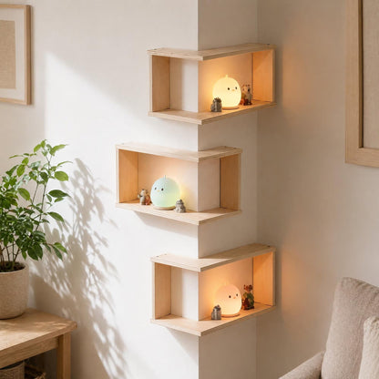 Corner Floating Wood Shelf – Wall Mounted Display Rack for Plants