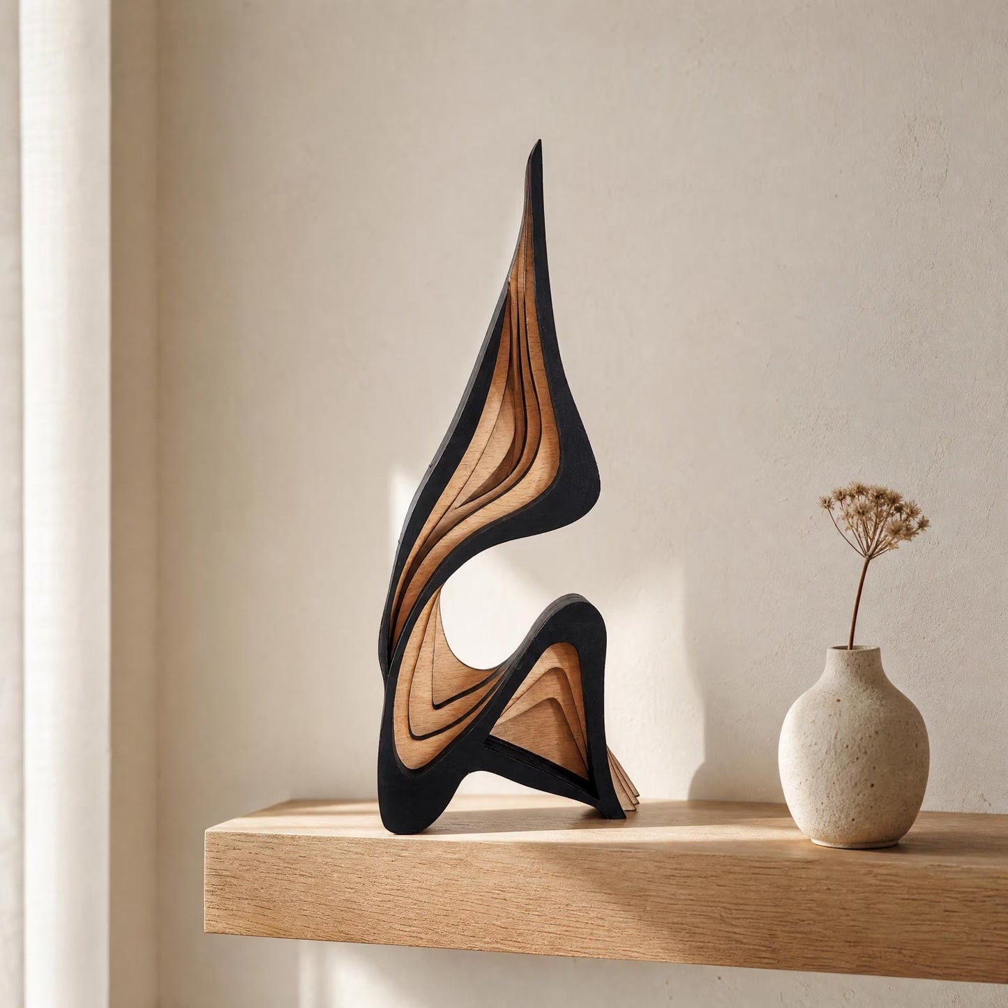 Abstract Wood Sculpture Layered Minimalist Statue for Shelf, Living Room Decor